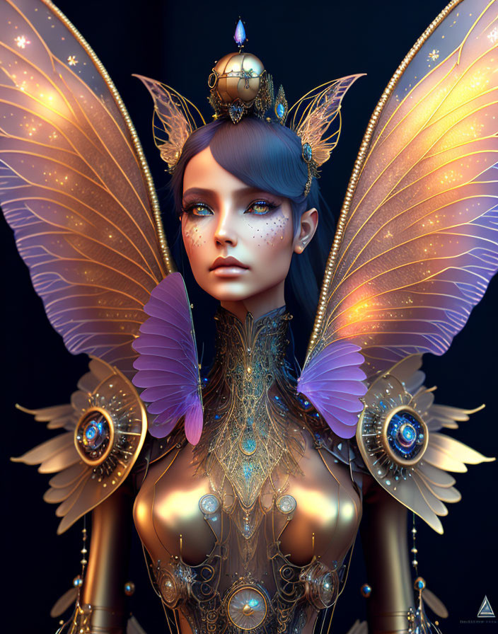 Fantastical digital artwork: Character with butterfly wings and gold armor
