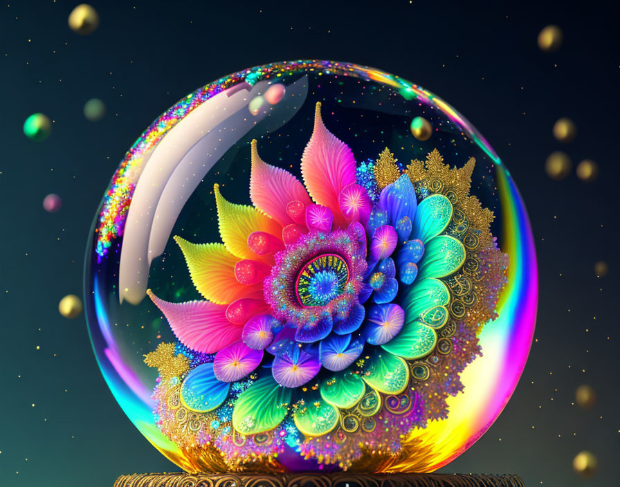 Colorful Floral Mandala Artwork in Translucent Sphere on Dark Background