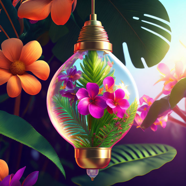 Colorful digital artwork of light bulb in nature setting with mini ecosystem.