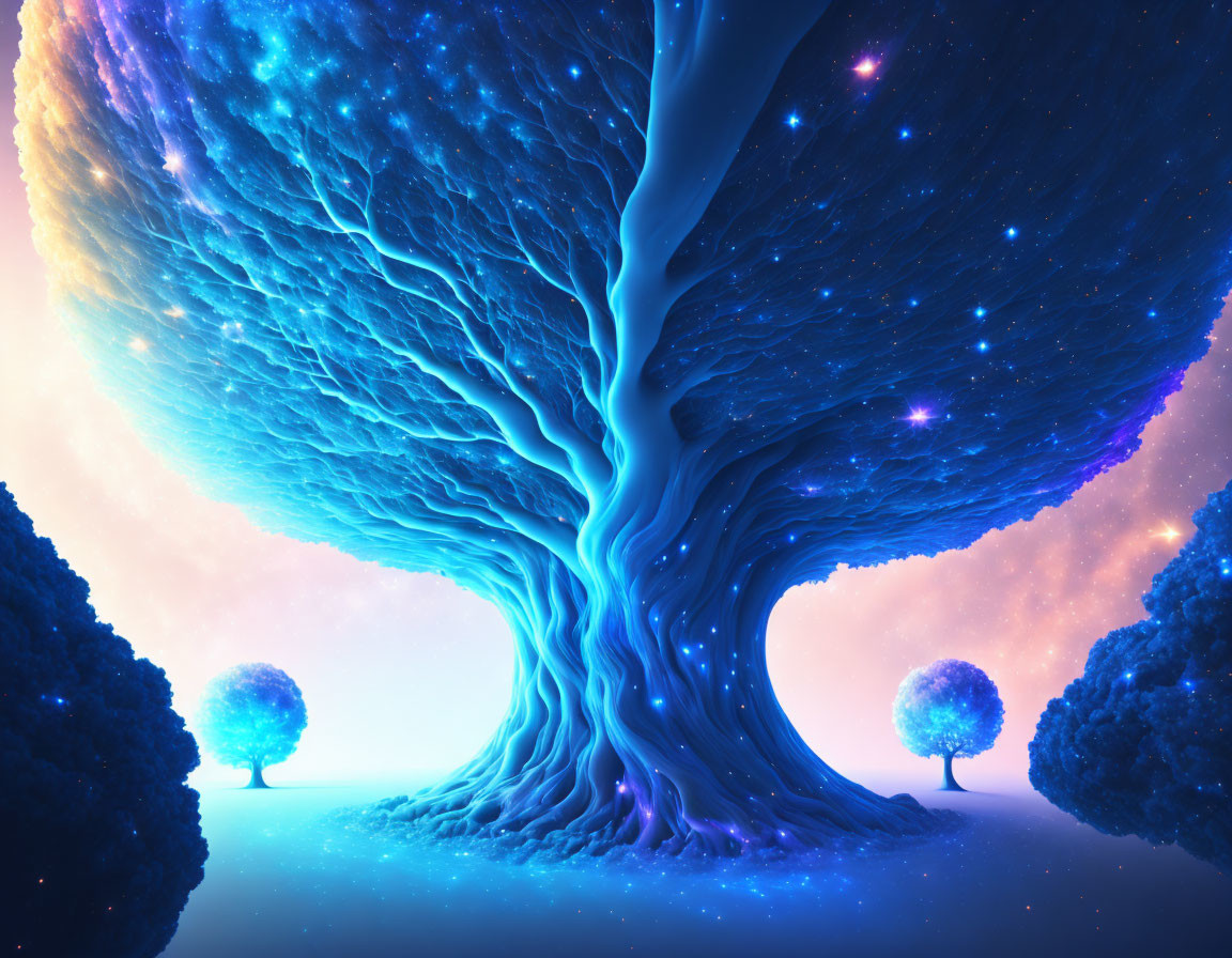 Digital artwork: Colossal tree with glowing blue canopy under starry sky surrounded by luminescent trees