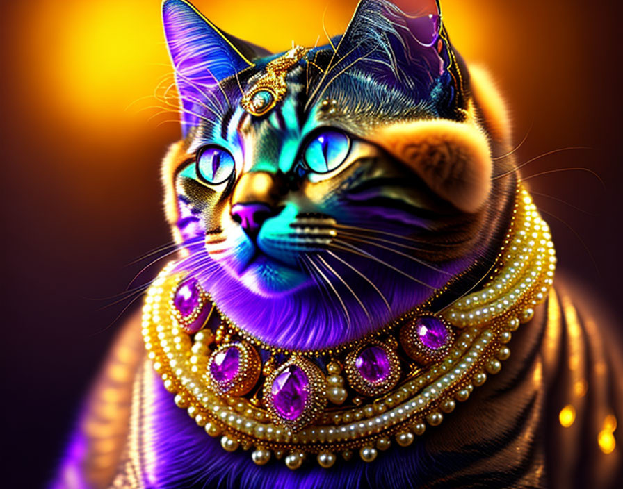 Colorful Digital Artwork: Cat with Jewels & Headdress on Bokeh Background