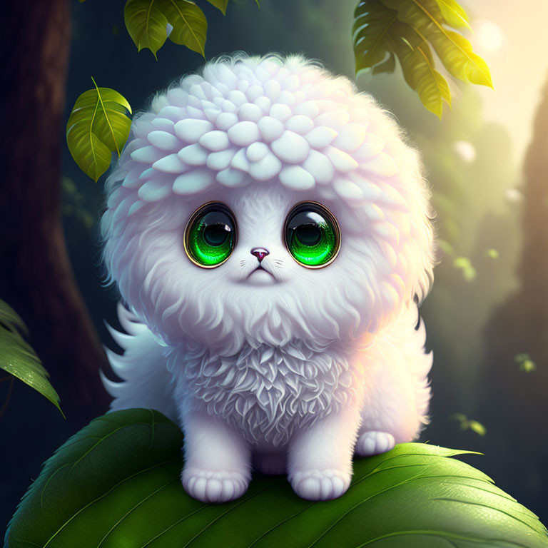 Fluffy white fantasy creature with large green eyes on leafy branch