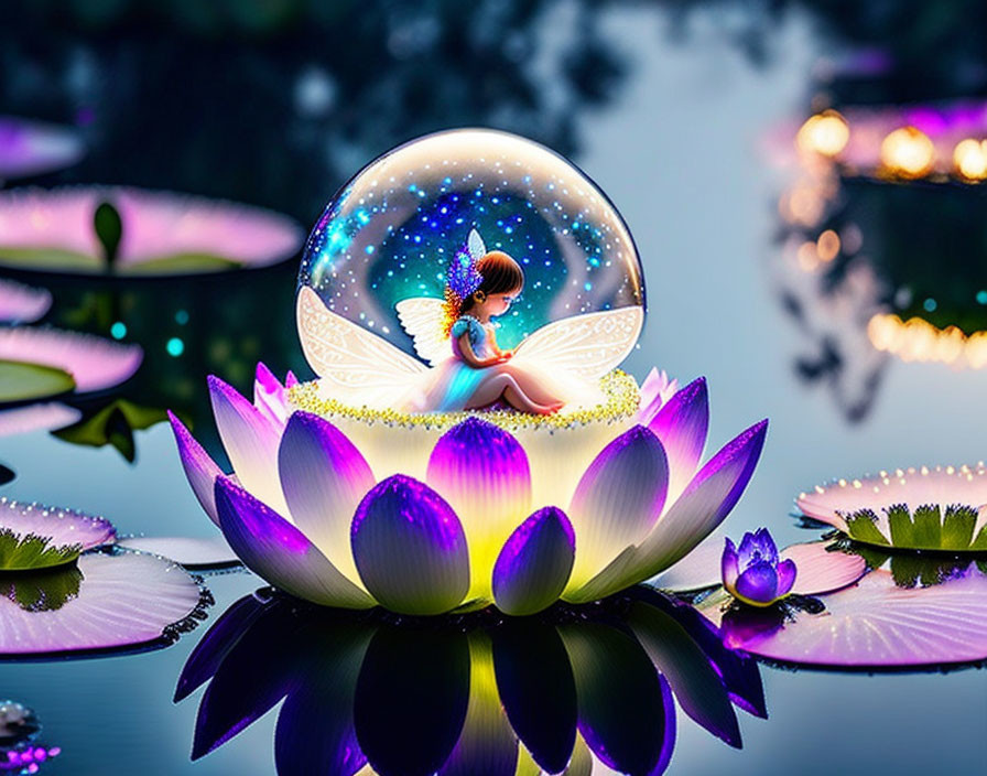 Luminescent fairy in glowing globe on purple lotus flower in water.