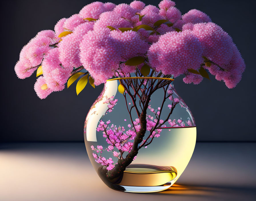 Pink Flowering Branches in Round Glass Vase with Water