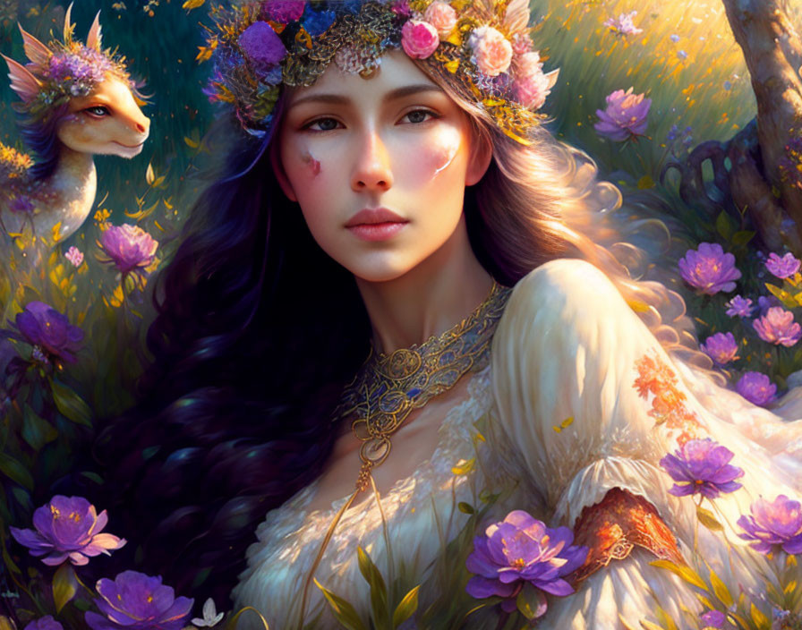 Young woman in floral crown with fantastical creature in vibrant meadow