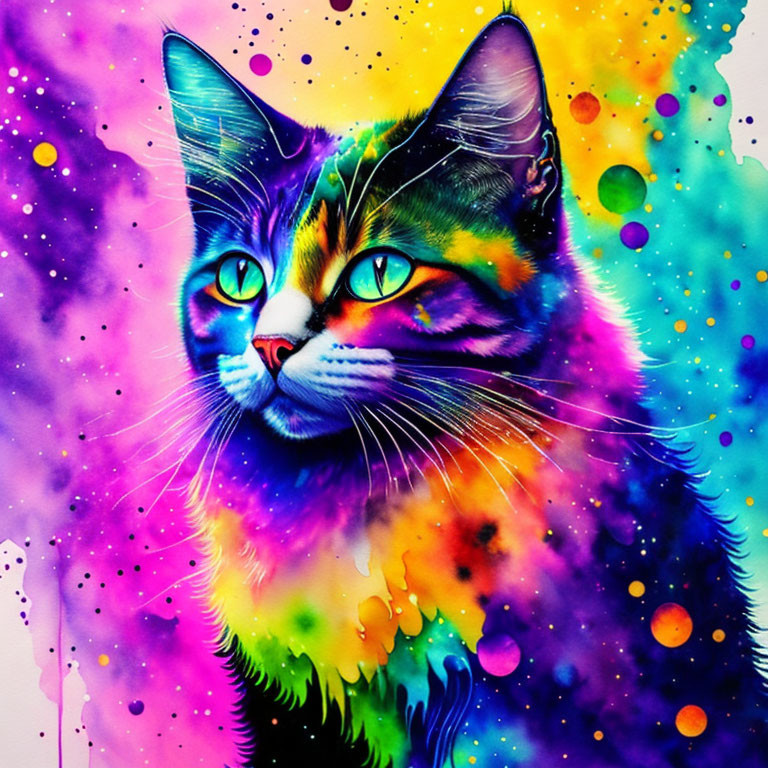 Colorful Watercolor Cat Portrait with Vivid Hues