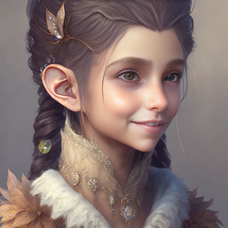 Smiling young girl with elf-like ears in ornate clothing portrait