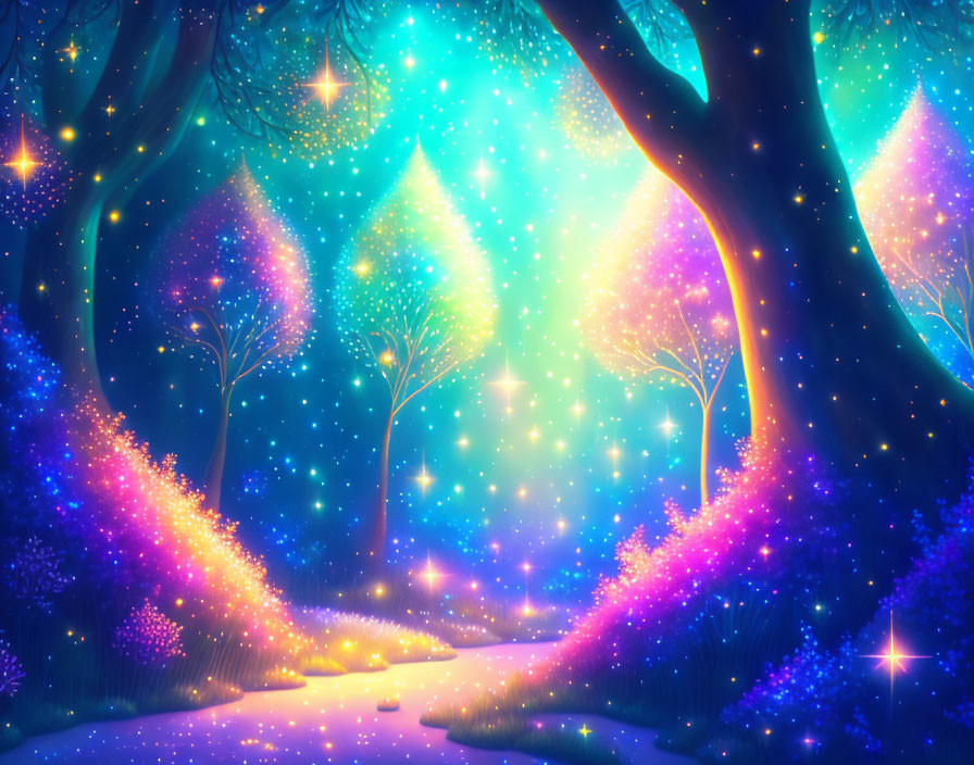 Enchanting night forest with glowing trees and star-filled sky