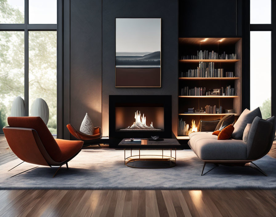 Designer living room with fireplace, chairs, sofa, bookshelf, and landscape painting on dark wall