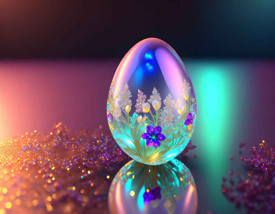 Luminescent ornate egg with floral patterns on colorful backdrop
