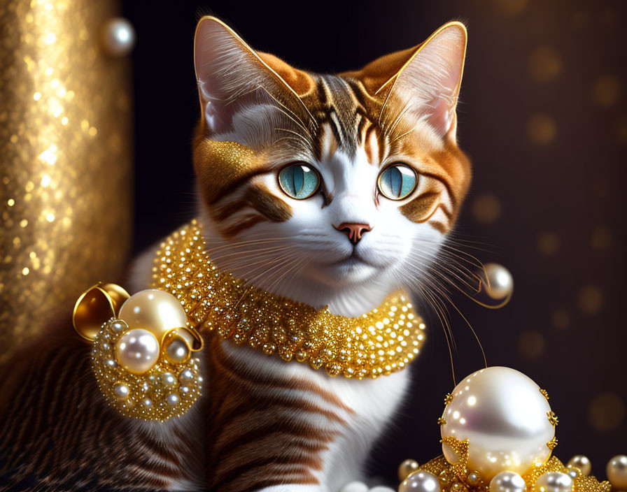 Digital artwork of cat with blue eyes, gold collar, bubbles, pearls on dark backdrop