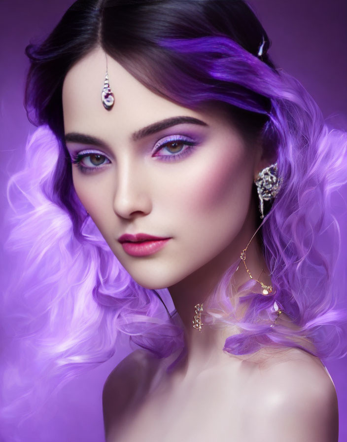 Violet-haired woman with statement earrings on purple background
