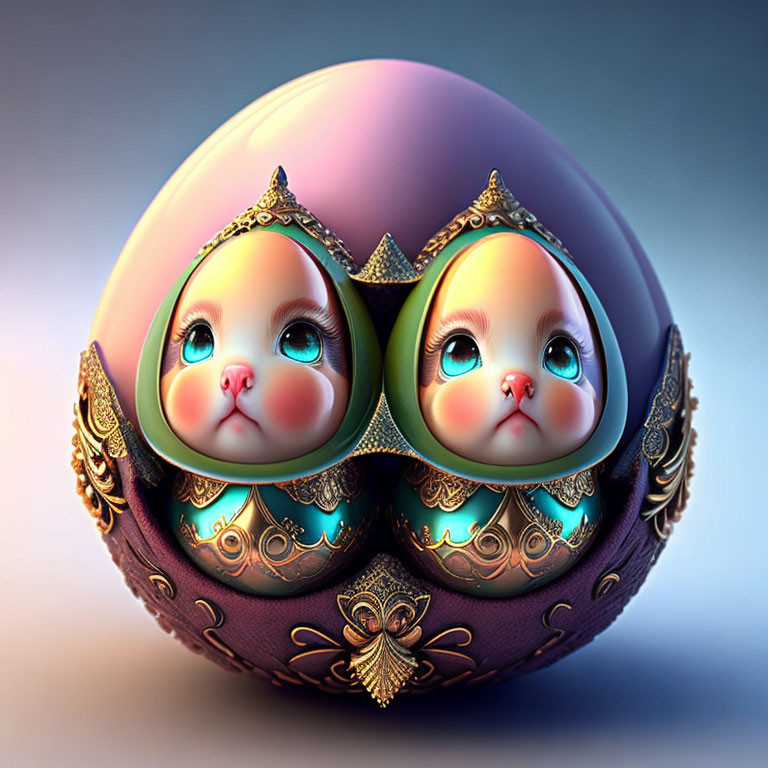 Stylized characters with expressive eyes in ornate egg-shaped setting