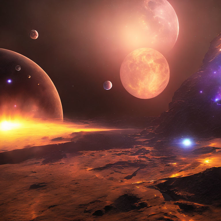 Surreal cosmic landscape with planets, stars, and fiery horizon