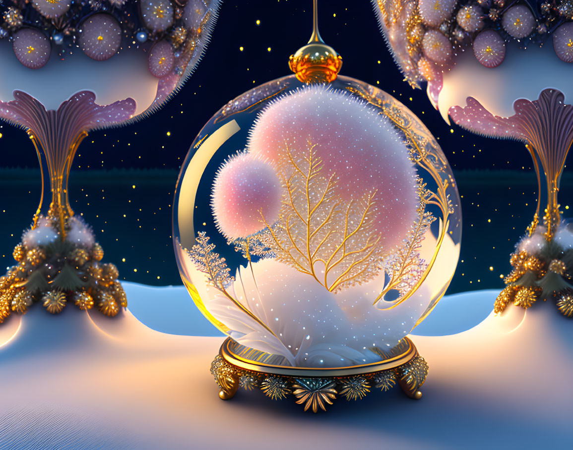 Fantastical glowing pink tree in transparent ornament with mushroom-like structures under starry sky
