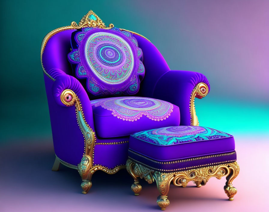 Luxurious Purple Armchair with Gold Details and Matching Footstool on Gradient Background