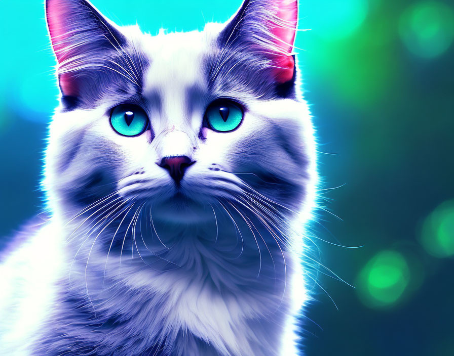 White and Gray Cat with Blue Eyes and Pointed Ears on Blue and Green Background