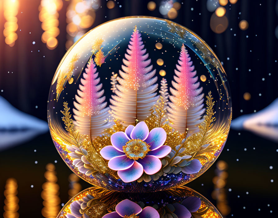 Magical winter scene in glowing crystal ball with pink trees and blue flower