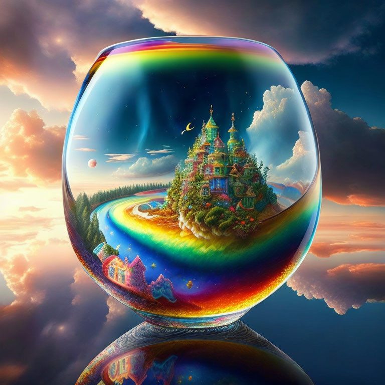 Surreal landscape in glass sphere with whimsical castle and rainbow sky