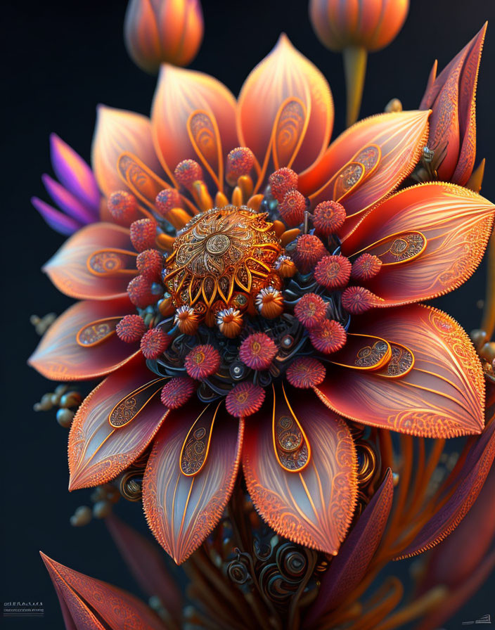 Detailed digital illustration of ornate multi-layered flower in rich orange, red, and purple palette.