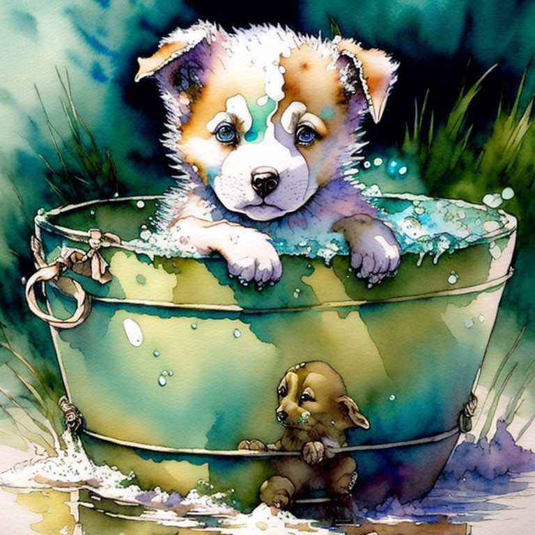 Watercolor illustration of cute puppy in sud-filled bucket with blended green and blue background