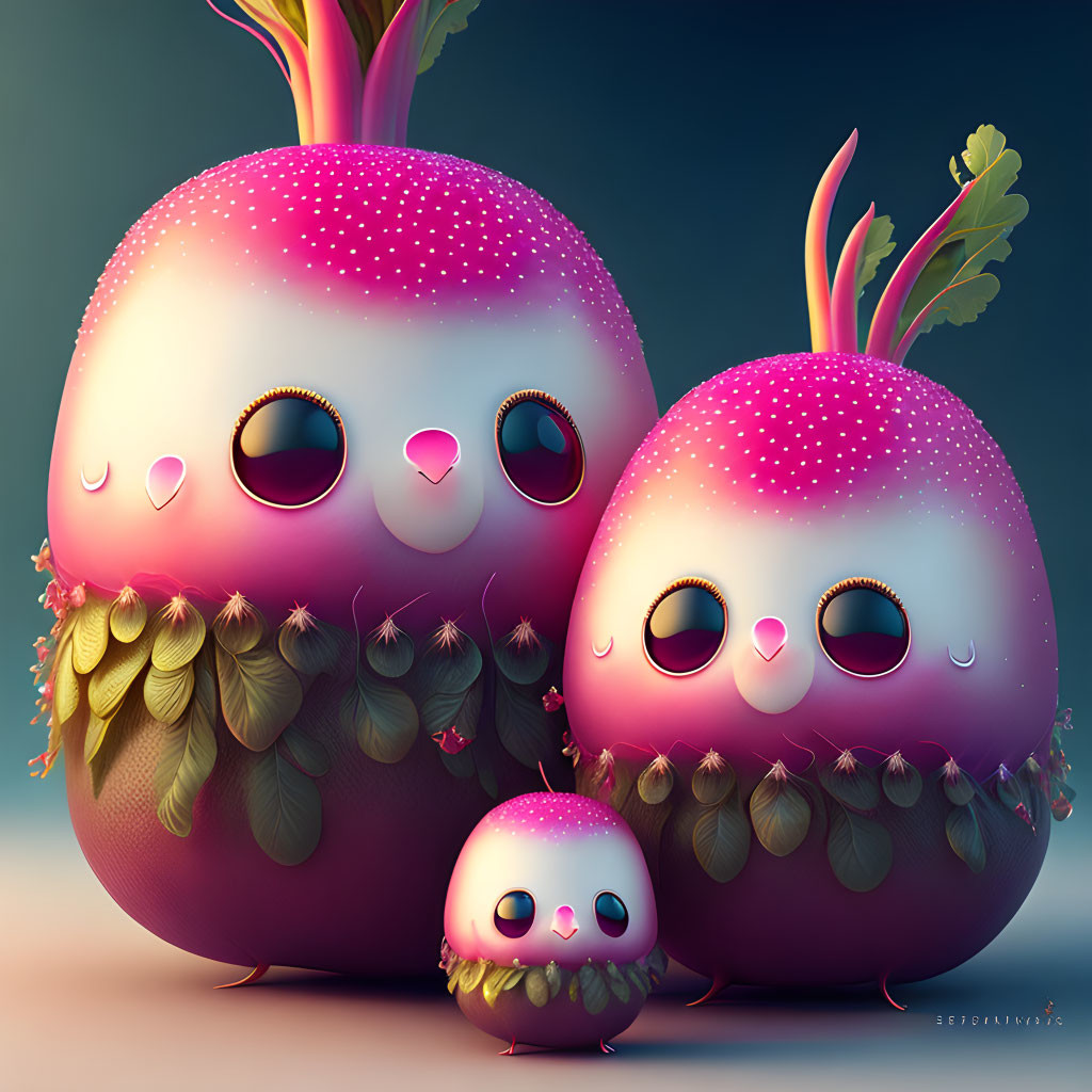 Stylized anthropomorphic beet characters on soft blue background