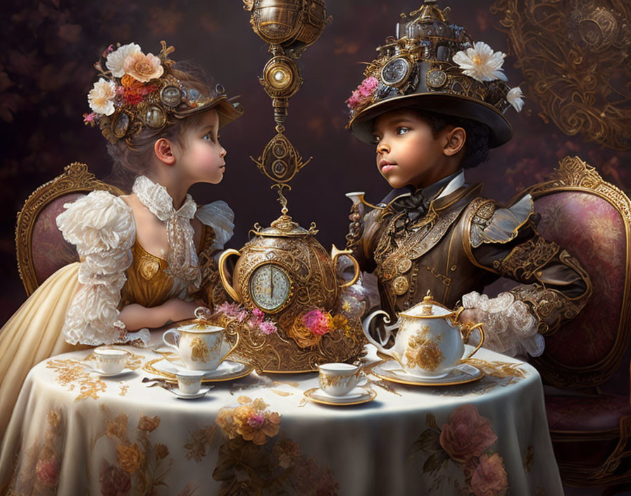 Children in elaborate steampunk attire having a vintage tea party