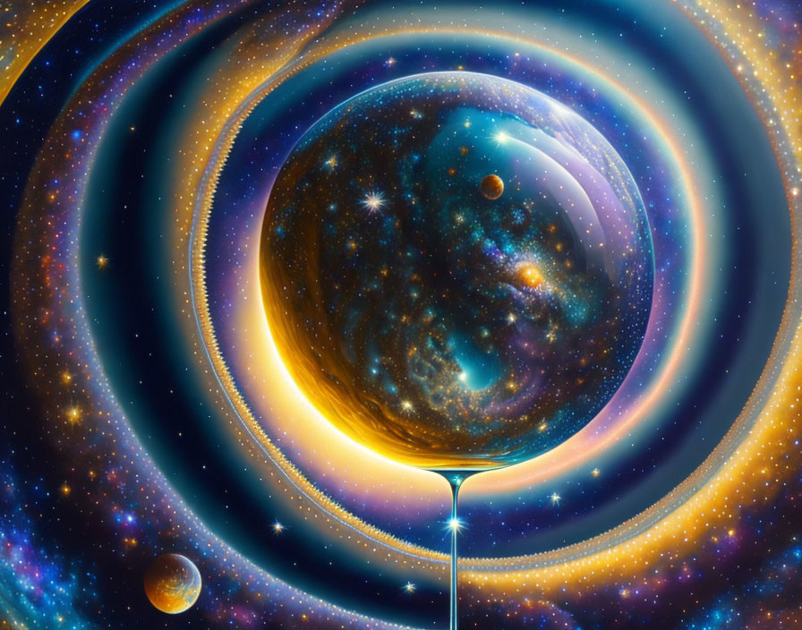 Surreal cosmic image: galaxy in droplet on pedestal, planets, light circles