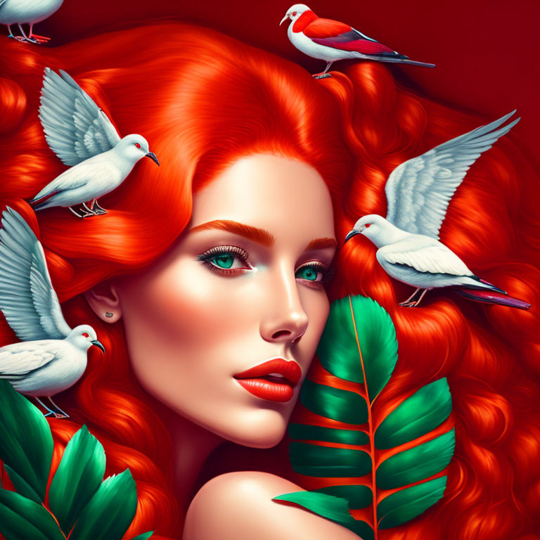 Portrait of a woman with red hair, green eyes, and pale skin among doves and tropical leaves