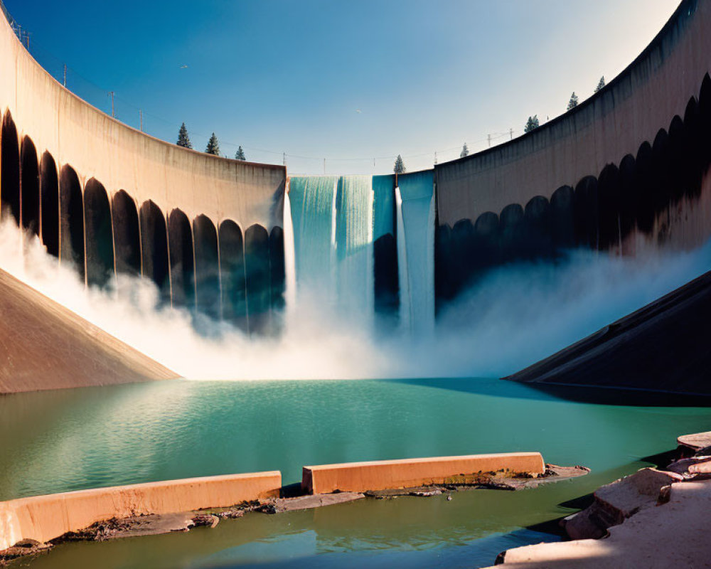 Dam with cascading water into calm reservoir under clear sky