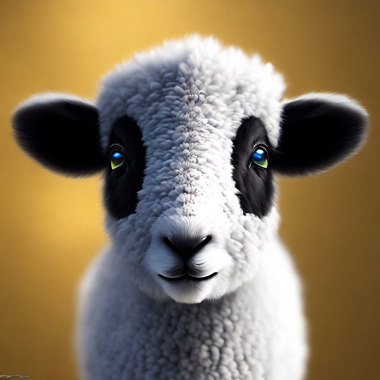 Fluffy white sheep with large ears and blue eyes on golden backdrop