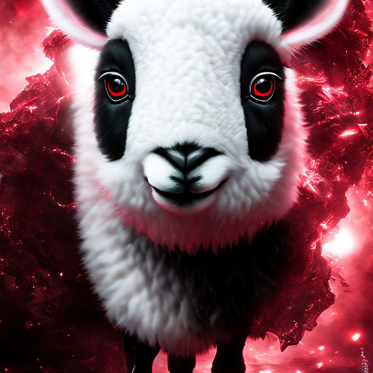 Fluffy black and white llama with red eyes on vibrant red background