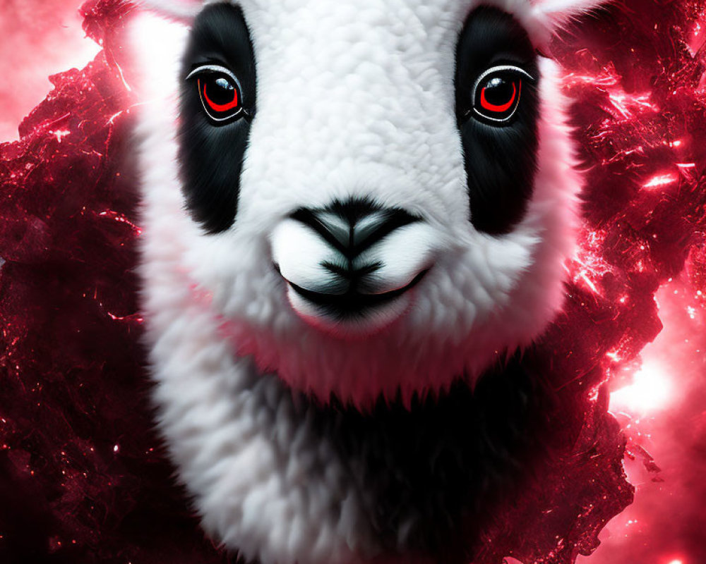 Fluffy black and white llama with red eyes on vibrant red background