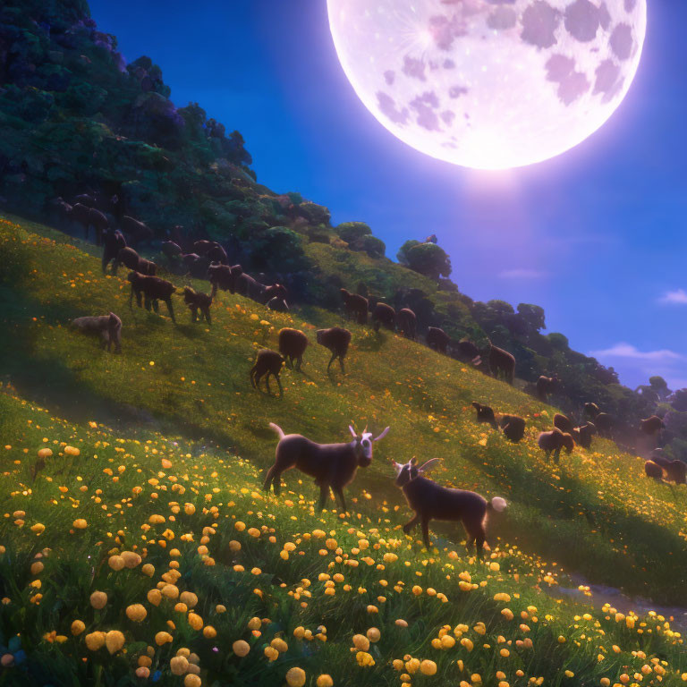 Goats grazing on flower-dotted hillside under glowing moon