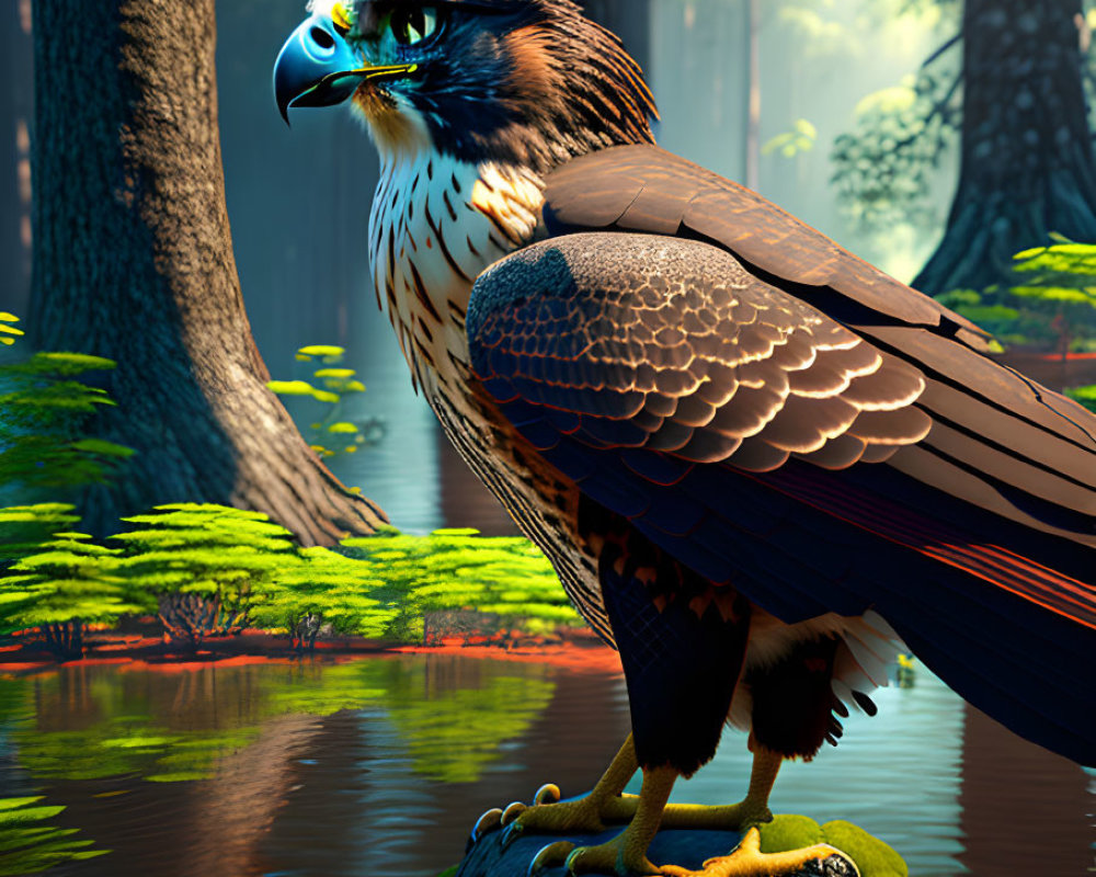 Majestic eagle perched on rock in serene forest setting