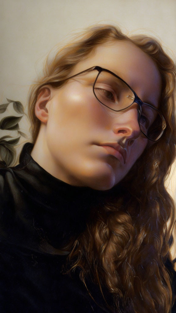 Portrait of woman with long wavy hair and round glasses in black turtleneck.