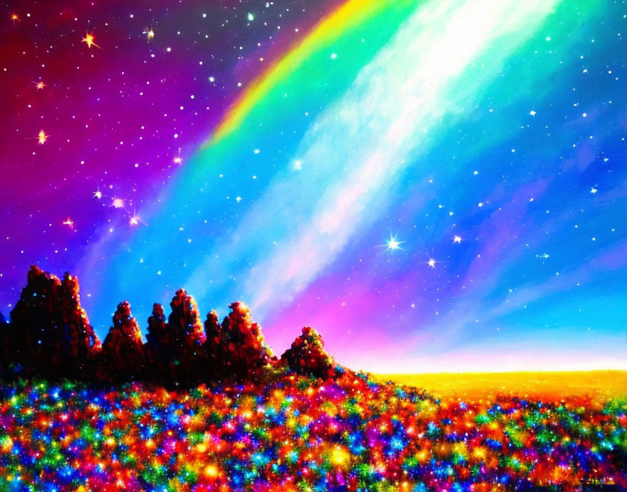 Colorful Landscape with Rainbow Over Starry Sky and Glittering Trees