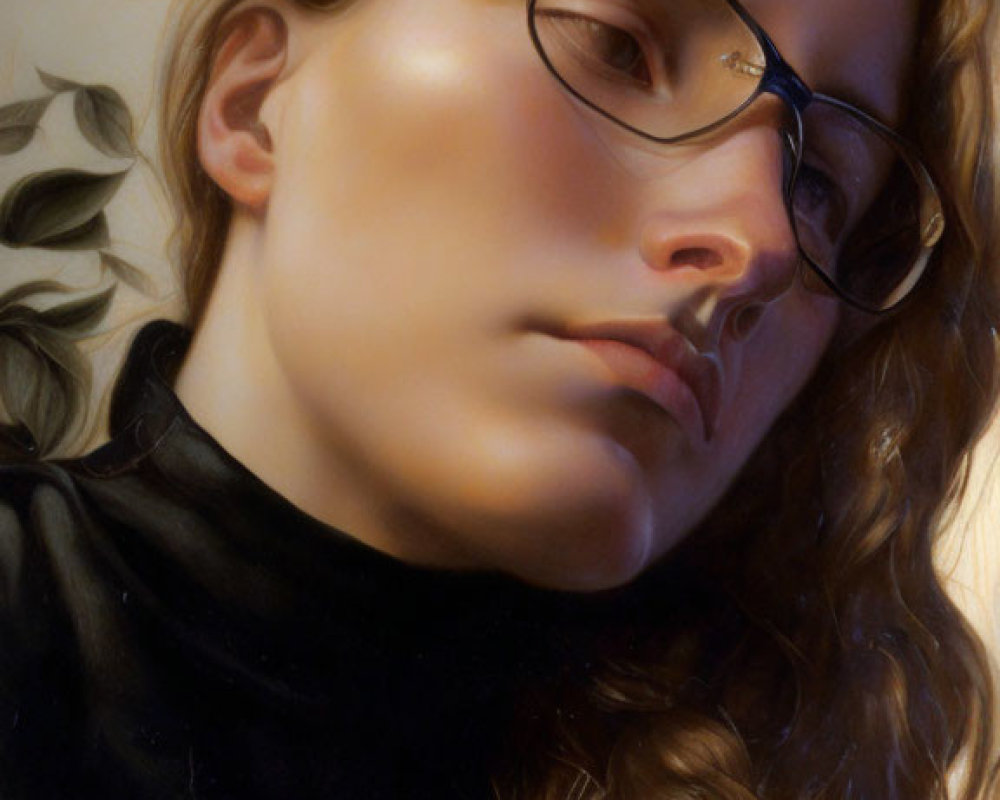 Portrait of woman with long wavy hair and round glasses in black turtleneck.