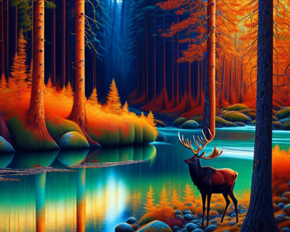 Majestic stag in autumnal forest by turquoise lake