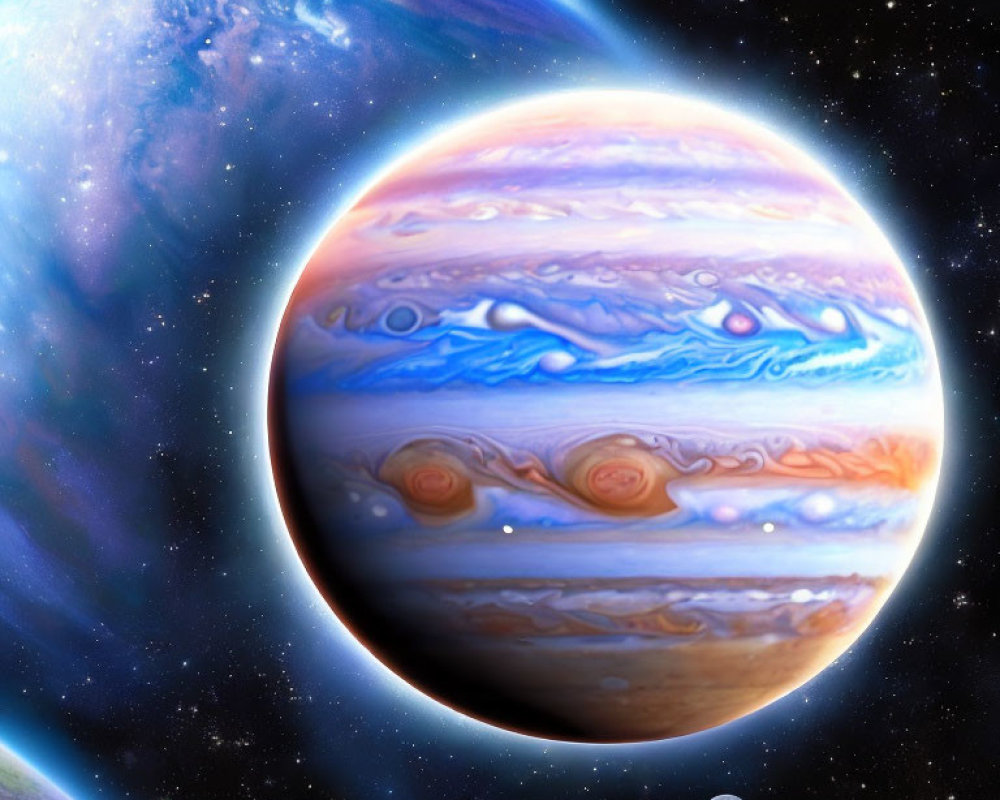 Colorful Jupiter with swirling gas clouds and moons in space