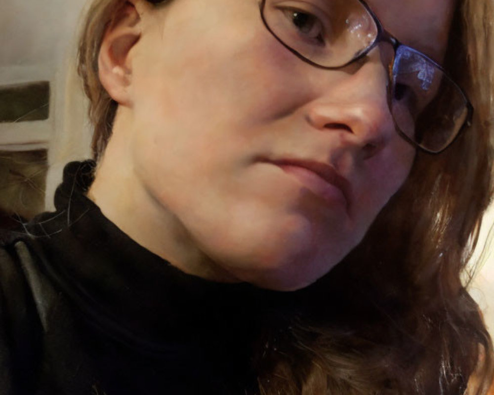 Contemplative woman in glasses and turtleneck under soft indoor lighting