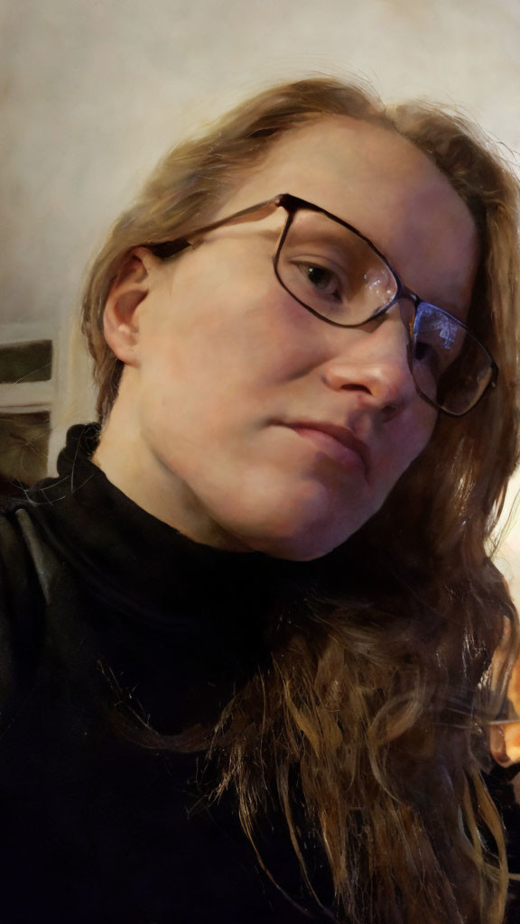 Contemplative woman in glasses and turtleneck under soft indoor lighting