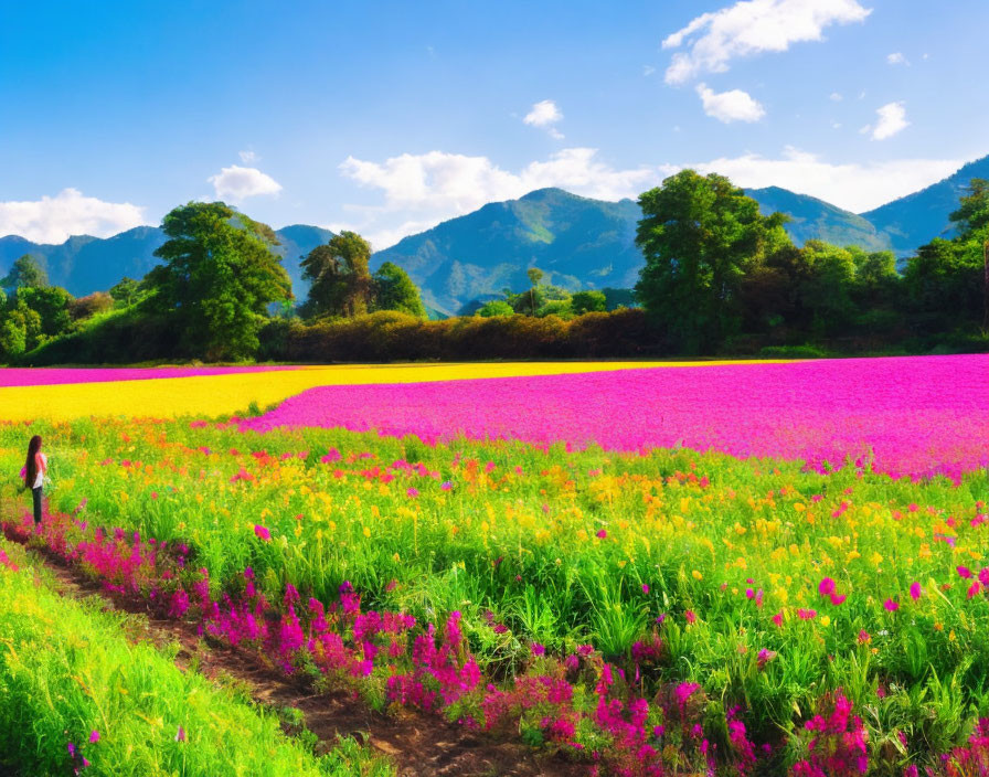 Colorful Field of Pink and Purple Flowers with Person Walking, Mountains, and Blue Sky