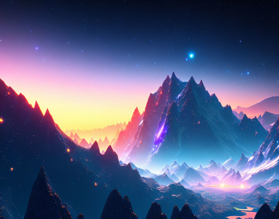 Colorful digital landscape with sharp mountains under starry sky and bright comet streaking down