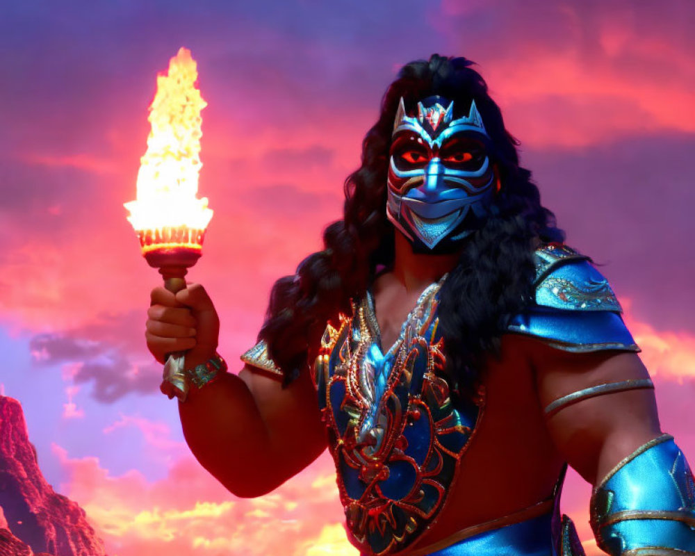 Muscular figure in vibrant armor holding flaming torch against dramatic red sky