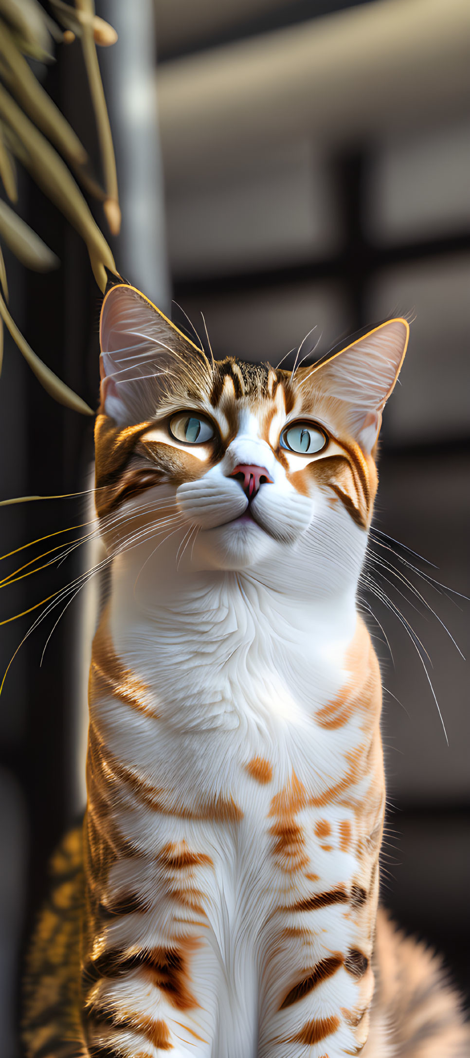 Brown and White Tabby Cat with Green Eyes Against Blurred Background