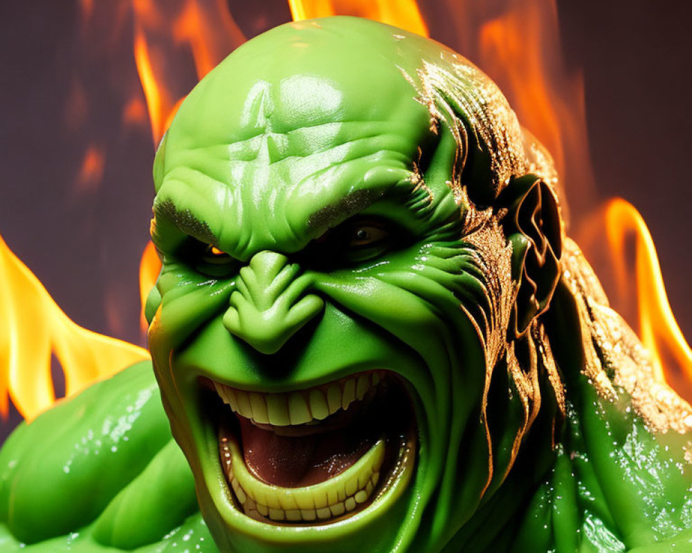 Green muscular comic character with exaggerated grin and furrowed brow against fiery backdrop.