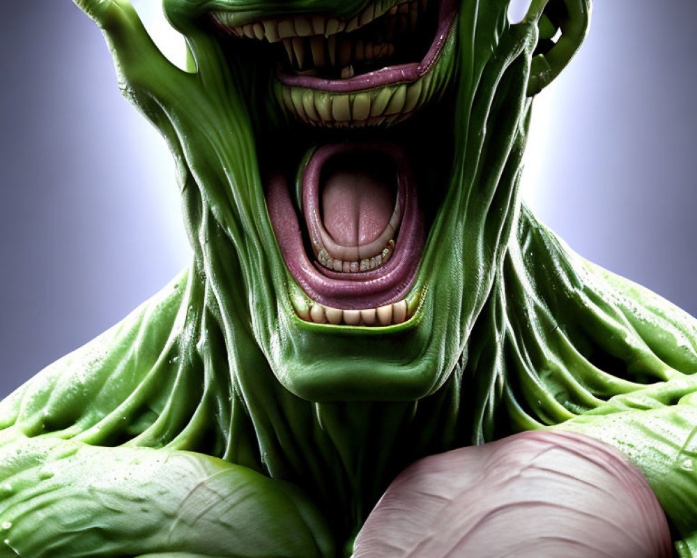 Detailed Close-Up of Menacing Animated Monster with Green Skin