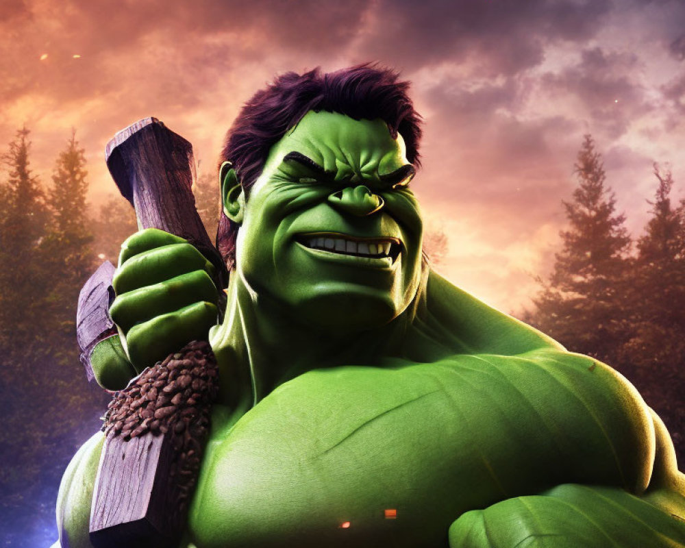 Muscular green character with large hammer in fiery sky scene
