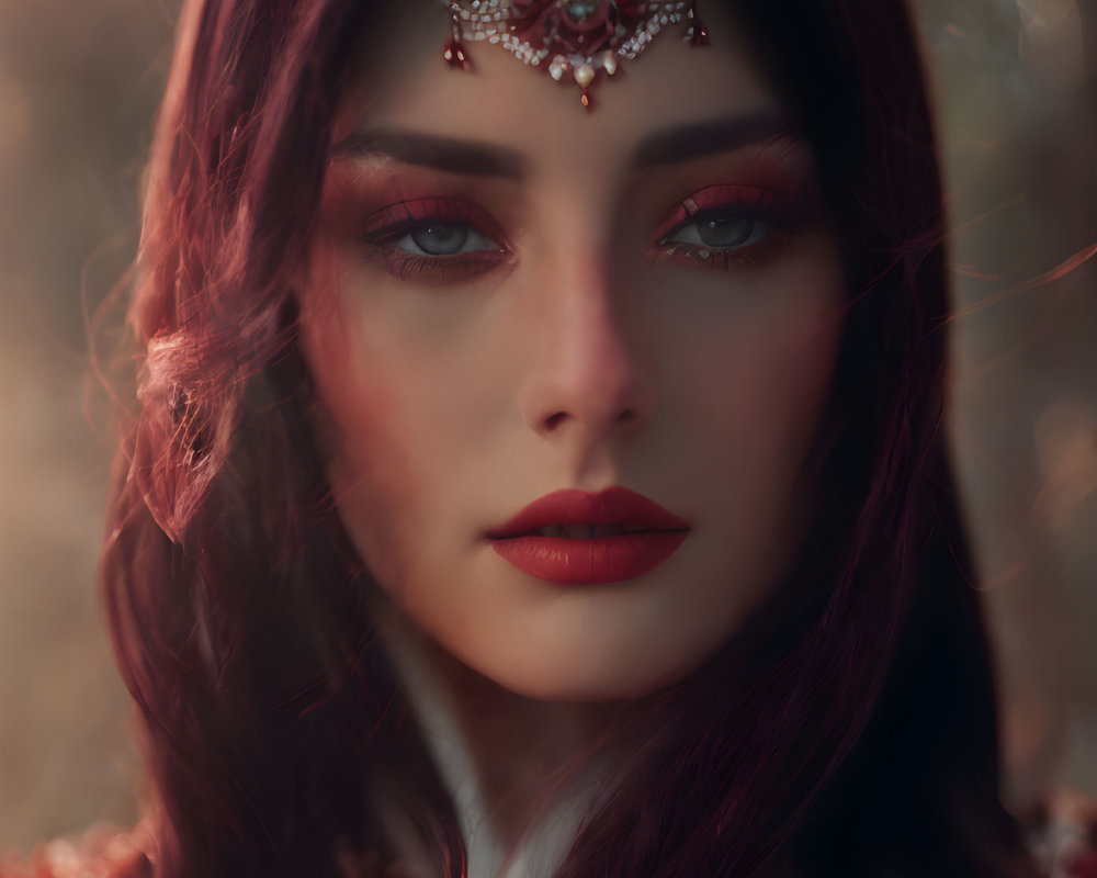 Deep red makeup woman with jeweled headpiece in warm-toned backdrop